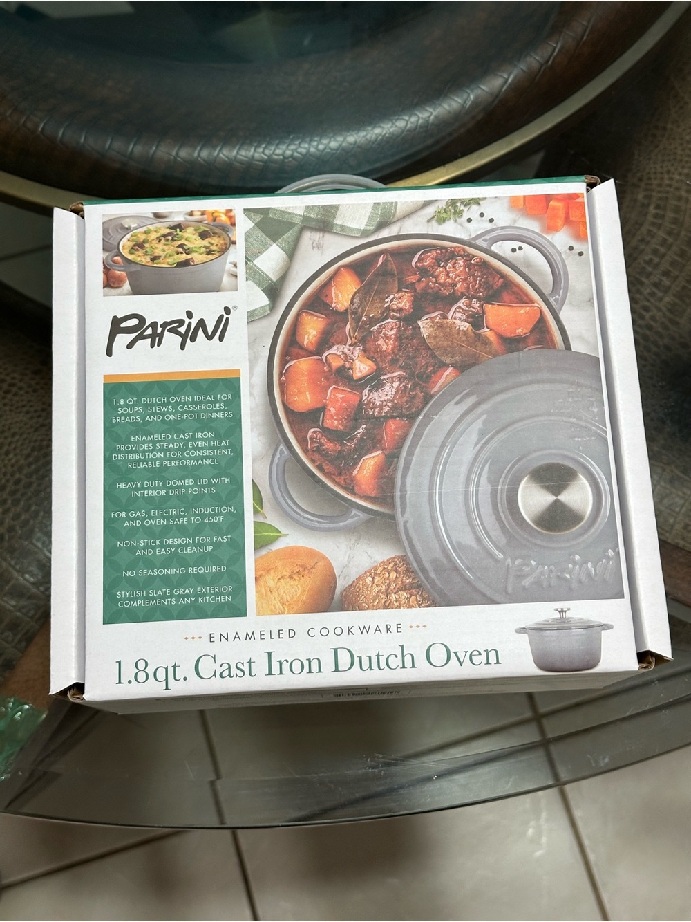 Parini 1.8 qt Enameled Cast Iron Dutch Oven Gray Twin Handles Lid
